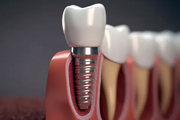 A single dental implant within the jawbone, surrounded by natural teeth at Coastal Maine Oral & Maxillofacial Surgery in Scarborough, ME
